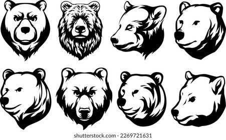 Head of bear. Abstract character illustration variant set. Graphic logo design template for emblem. Image of portrait.