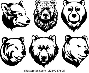 Head of bear. Abstract character illustration variant set. Graphic logo design template for emblem. Image of portrait.