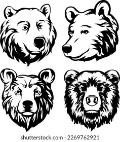 Head of bear. Abstract character illustration variant set. Graphic logo design template for emblem. Image of portrait.