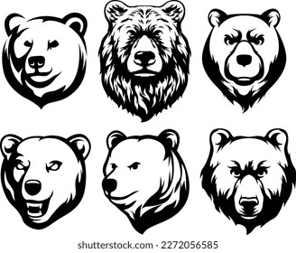 Head of bear. Abstract character illustration variant set. Graphic logo design template for emblem. Image of portrait.