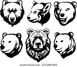 Head of bear. Abstract character illustration variant set. Graphic logo design template for emblem. Image of portrait.