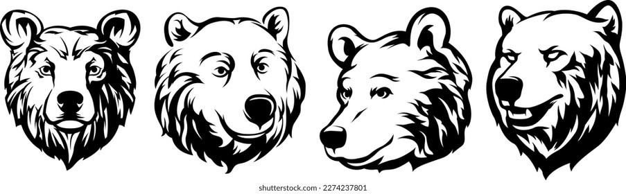 Head of bear. Abstract character illustration variant set. Graphic logo design template for emblem. Image of portrait.