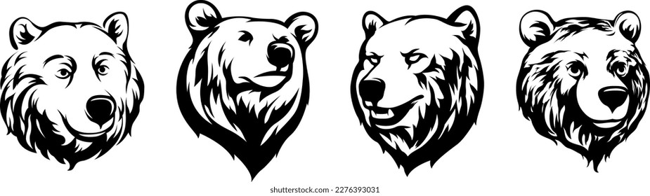 Head of bear. Abstract character illustration variant set. Graphic logo design template for emblem. Image of portrait.