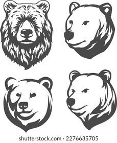Head of bear. Abstract character illustration variant set. Graphic logo design template for emblem. Image of portrait.