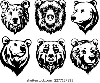 Head of bear. Abstract character illustration variant set. Graphic logo design template for emblem. Image of portrait.