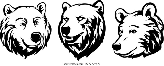 Head of bear. Abstract character illustration variant set. Graphic logo design template for emblem. Image of portrait.