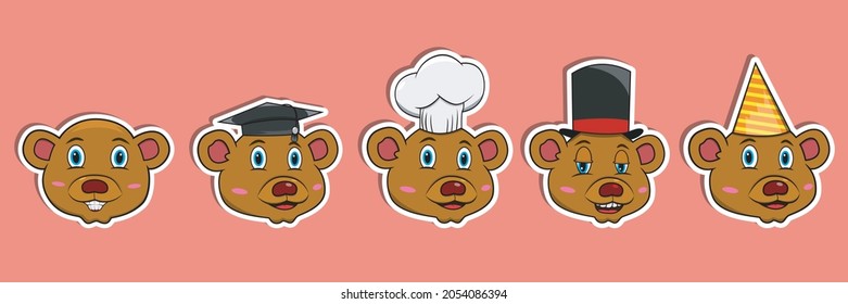 Head Bear Animal Sticker Set. Graduation, Chef, Magician and Party hat. Perfect for stickers, logo, greeting card and invitation. Vector and illustration.
