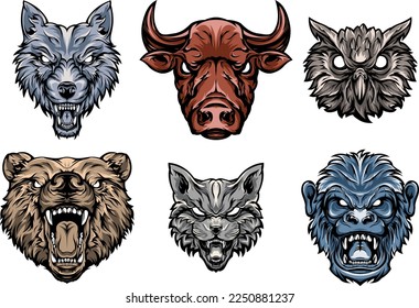 Head of bear, cat, monkey, owl, bull, wolf. Abstract character illustrations. Graphic logo design template for emblem. Image of portraits.