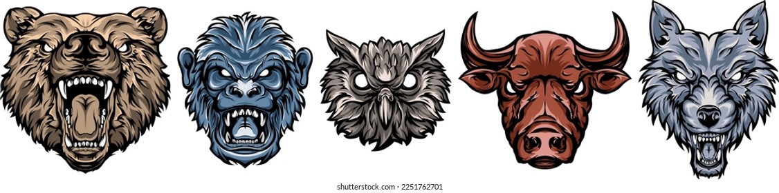 Head of bear, cat, monkey, owl, bull, wolf. Abstract character illustrations. Graphic logo design template for emblem. Image of portraits.