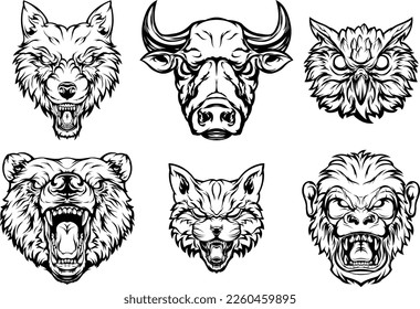 Head of bear, cat, monkey, owl, bull, wolf. Abstract character illustrations. Graphic logo design template for emblem. Image of portraits.