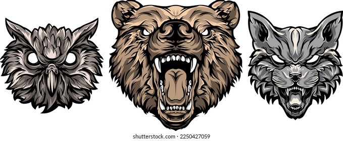 Head of bear, cat, owl. Abstract character illustrations. Graphic logo design template for emblem. Image of portraits.
