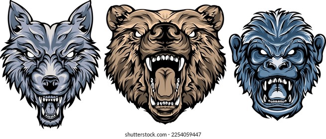 Head of bear, cat, owl, bull, wolf. Abstract character illustrations. Graphic logo design template for emblem. Image of portraits.