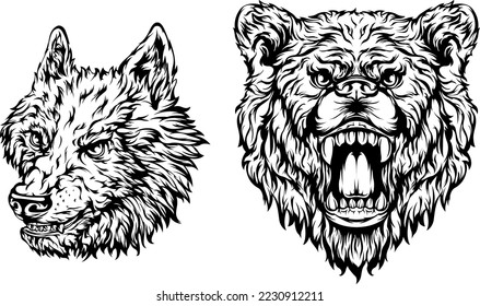 Cabeza de oso, perro, lobo. Ilustración de carácter abstracto. Plantilla de diseño de logotipo gráfico para emblema. Imagen de retrato.
