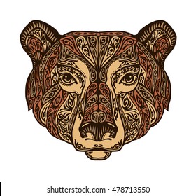 Head bear. Ethnic patterns. Hand drawn vector illustration with floral elements. Grizzly, animal symbol