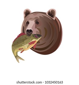 Head of the bear with fish. Vector illustration isolated on white background