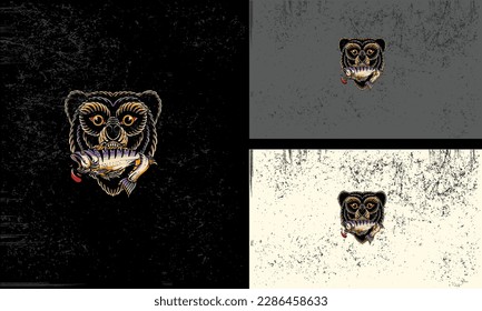 head bear and fish vector mascot design