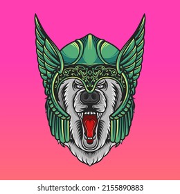 Head bear mascot logo valkyrie angelic viking helmet vector illustration