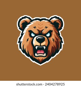 VECTOR DE LOGOTIPO DE MASCOT DEL OSO DE CABEZA EN MARRÓN, BLANCO, ROSA, AZUL SUAVE Y NEGRO CON FONDO MARRÓN