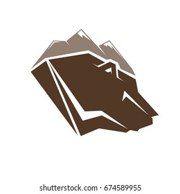 Head bear with mountain. Mockup template animal symbol, logo, emblem or sticker for branding, printing, sports team. Vector illustration on white background.