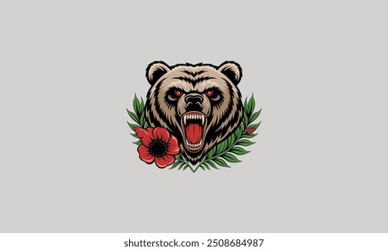 Rugido de oso de cabeza con diseño de mascota de Vector de flores rojas