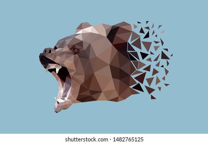 The head of bear that growls and shows fangs. Low poly design. Vector, EPS 10