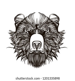 The head of a bear with a third eye. Outline vector illustration isolated on white background for tattoos, posters, print on T-shirts and other items.