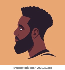 Head of bearded african man in profile. Male portrait, face side view. Avatar of brutal man with beard for social networks. Stock vector illustration in flat style.