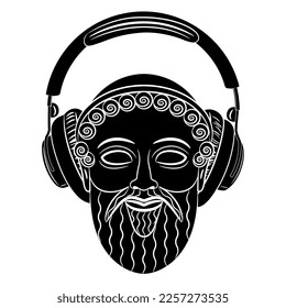 Head of a bearded ancient Greek god or man listening to modern headphones. Creative funny music concept. Black and white silhouette.