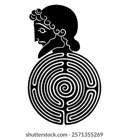 Head of a bearded ancient Greek hero and a round spiral maze or labyrinth symbol. Theseus. Creative mythological design. Black and white silhouette.