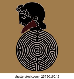 Head of a bearded ancient Greek hero and a round spiral maze or labyrinth symbol. Theseus. Creative mythological design. 