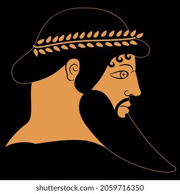 Head of a bearded ancient Greek man in profile wearing laurel wreath. God Zeus. Vase painting style. Isolated vector illustration. On black background.