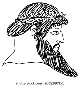 Head of a bearded ancient Greek man in profile. God Zeus. Hand drawn linear doodle rough sketch. Black silhouette on white background.