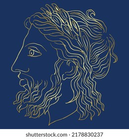 Head of a bearded ancient Greek man in profile. God Zeus wearing laurel wreath. Antique male portrait. Hand drawn sketch. Yellow gold silhouette on blue background.