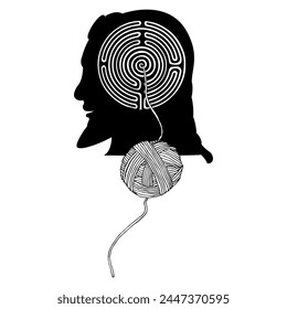 Cabeza de un anciano griego barbudo con un laberinto redondo en espiral o laberinto y un símbolo de bola de hilo. El hilo de Ariadna. Concepto mitológico. Dédalo, el rey Minos o Teseo. Silueta en blanco y negro.