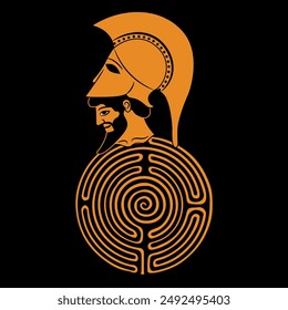 Head of a bearded Ancient Greek man wearing helmet and a round spiral maze or labyrinth symbol. Theseus. Creative mythological symbol.