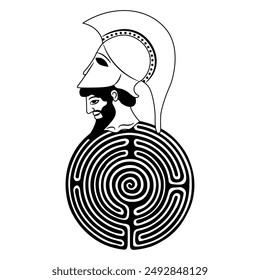 Head of a bearded Ancient Greek man wearing helmet and a round spiral maze or labyrinth symbol. Theseus. Creative mythological symbol. Black and white silhouette.