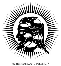 Head of a bearded antique man as cloudy day sky with shining sun as his halo. Ancient Greek god Helios. Creative concept. Black and white silhouette.