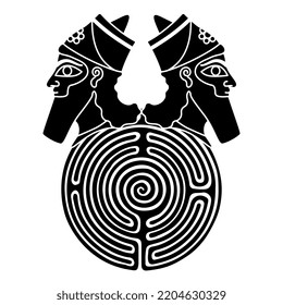 Head Of A Bearded Assyrian On Top Of A Round Spiral Maze Or Labyrinth Symbol. Creative Concept. Mystery Of Ancient Culture. Black And White Silhouette.