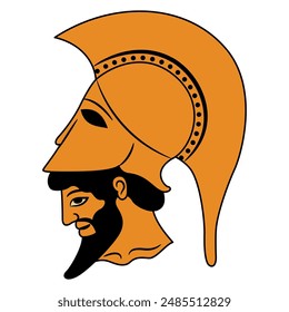 Head of a bearded Greek warrior wearing helmet. Vase painting style. Isolated vector illustration.