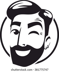 the head of a bearded hipster wink logo sign