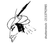 Head of a bearded man in a beret with feather. Mephistopheles. Hand drawn linear doodle rough sketch. Black silhouette on white background.
