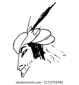 Head of a bearded man in a beret with feather. Mephistopheles. Hand drawn linear doodle rough sketch. Black silhouette on white background.