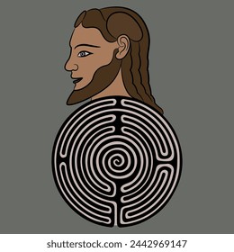 Head of a bearded man on top of a round spiral maze or labyrinth symbol. Theseus. Ancient Greek hero. Creative mythological concept.