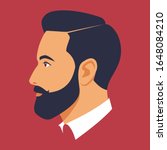 Head of bearded man in profile. Portrait of bearded brunet man. Avatar of stylish businessman for social networks. Abstract male portrait, face side view. Stock vector illustration in flat style
