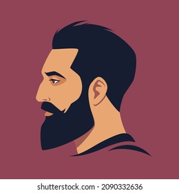 Head of bearded man in profile. Portrait of bearded brunet man. Avatar of brutal man with beard for social networks. Abstract male portrait, face side view. Stock vector illustration in flat style