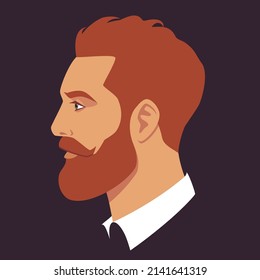 Head of bearded man in profile. Portrait of bearded redhead man. Avatar of businessman with beard for social networks. Abstract male portrait, face side view. Stock vector illustration in flat style.