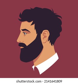 Head Of Bearded Man In Profile. Portrait Of Bearded Brunet Man. Avatar Of Businessman With Beard For Social Networks. Abstract Male Portrait, Face Side View. Stock Vector Illustration In Flat Style.