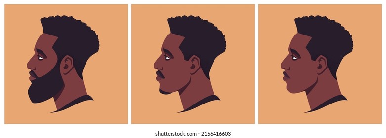 Head of a bearded, moustached and shaved african man in profile. Male portrait, face side view. Avatar of businessman for social networks. Stock vector illustration in flat style.