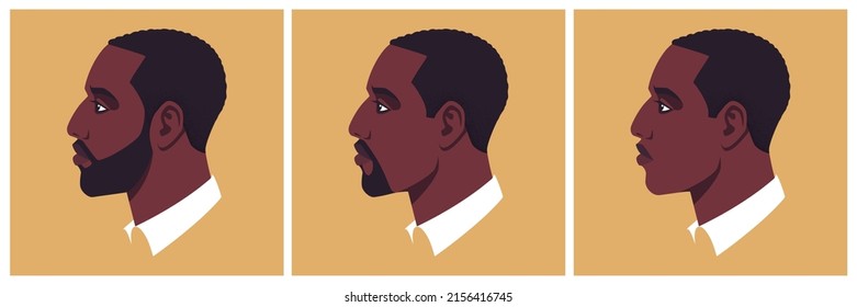 Head of a bearded, moustached and shaved african man in profile. Male portrait, face side view. Avatar of businessman for social networks. Stock vector illustration in flat style.