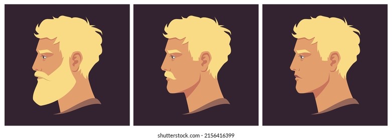 Head of bearded, moustached and shaved man in profile. Portrait of bearded blond man. Abstract male portrait, face side view. Stock vector illustration in flat style.